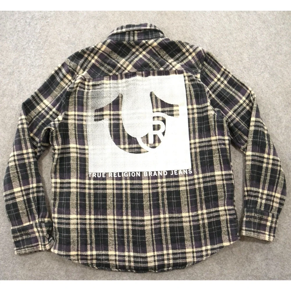 True Religion Shirt Mens Small Gray Button Plaid Flannel Long Sleeve Logo Print